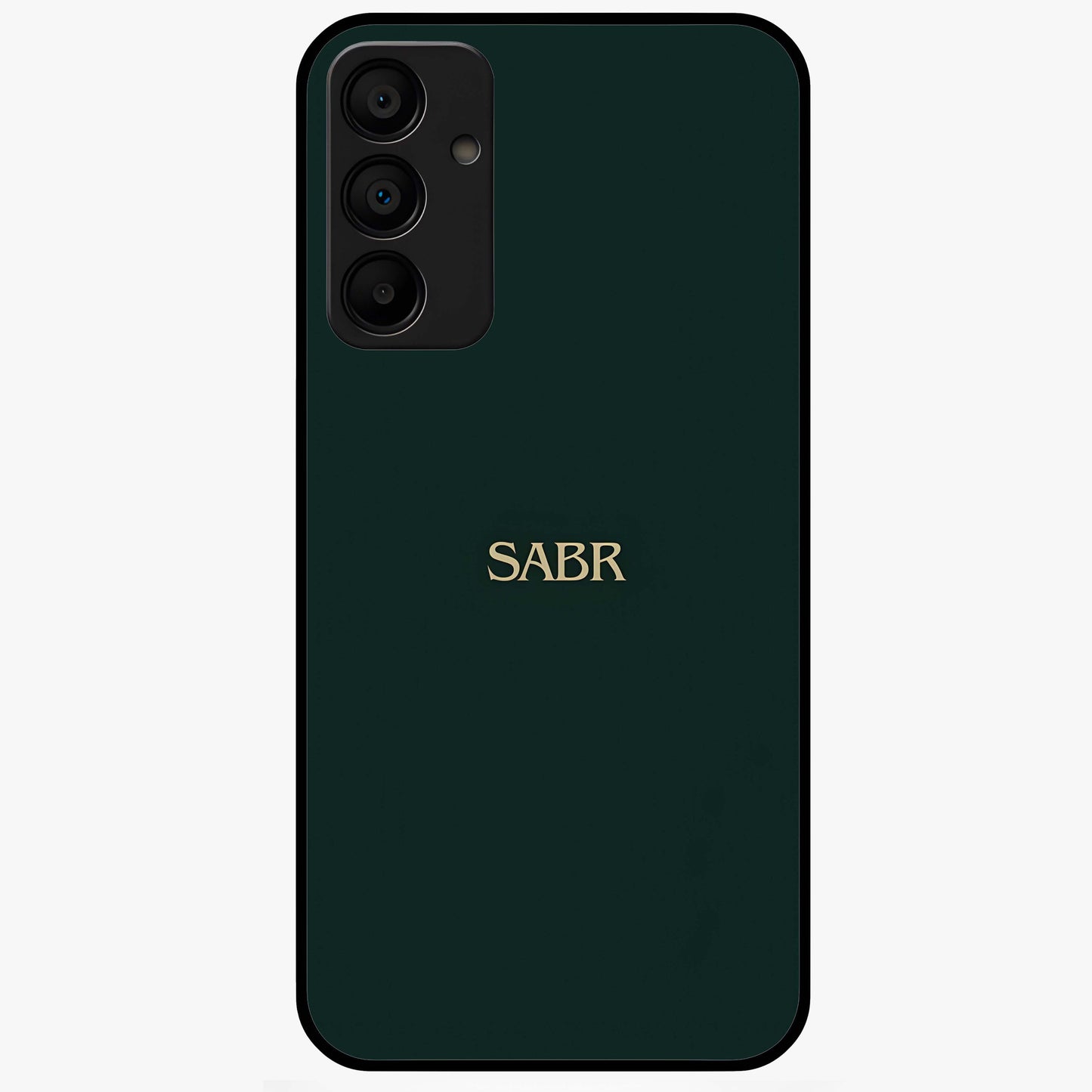 Sabr Minimal Patience Glass Case showing flat back view with minimalist typography artwork and glossy glass finish.