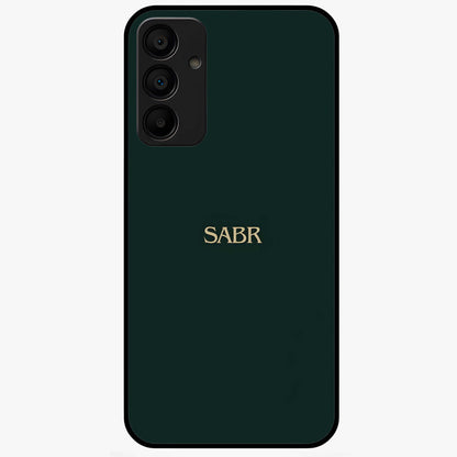 Sabr Minimal Patience Glass Case showing flat back view with minimalist typography artwork and glossy glass finish.
