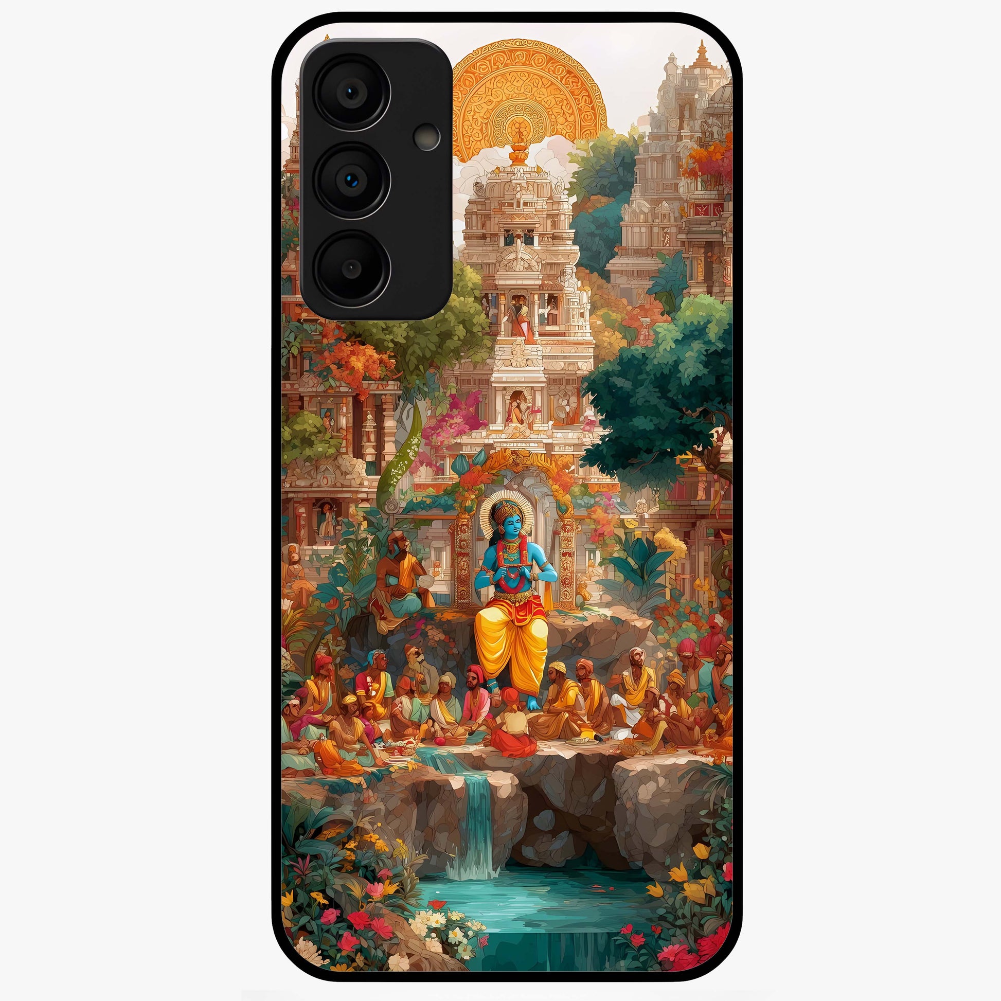 Sacred Sunlight Gods Glass Case showing flat back view with divine sunlight themed artwork and glossy glass finish.