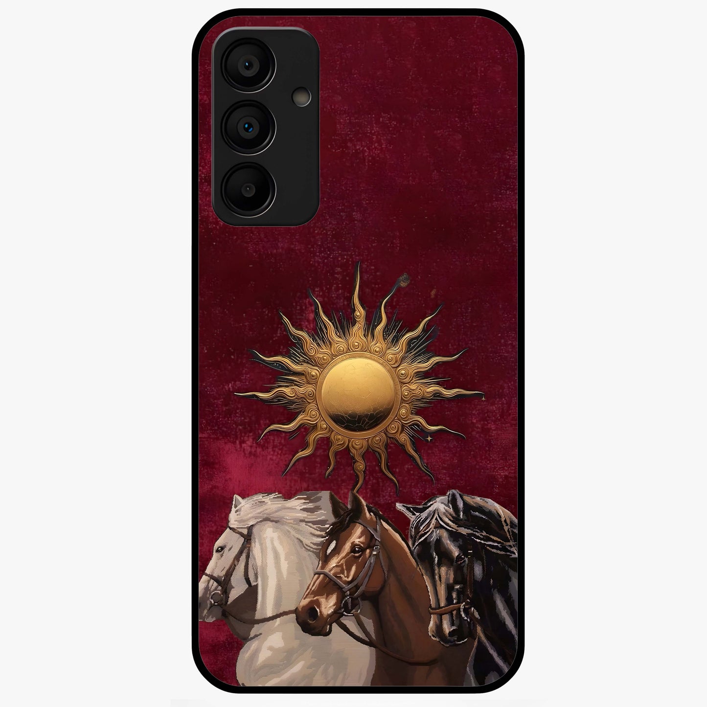 Solar Riders Glass Case showing flat back view with dynamic rider themed artwork and glossy glass finish.