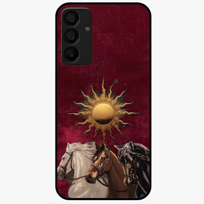 Solar Riders Glass Case showing flat back view with dynamic rider themed artwork and glossy glass finish.
