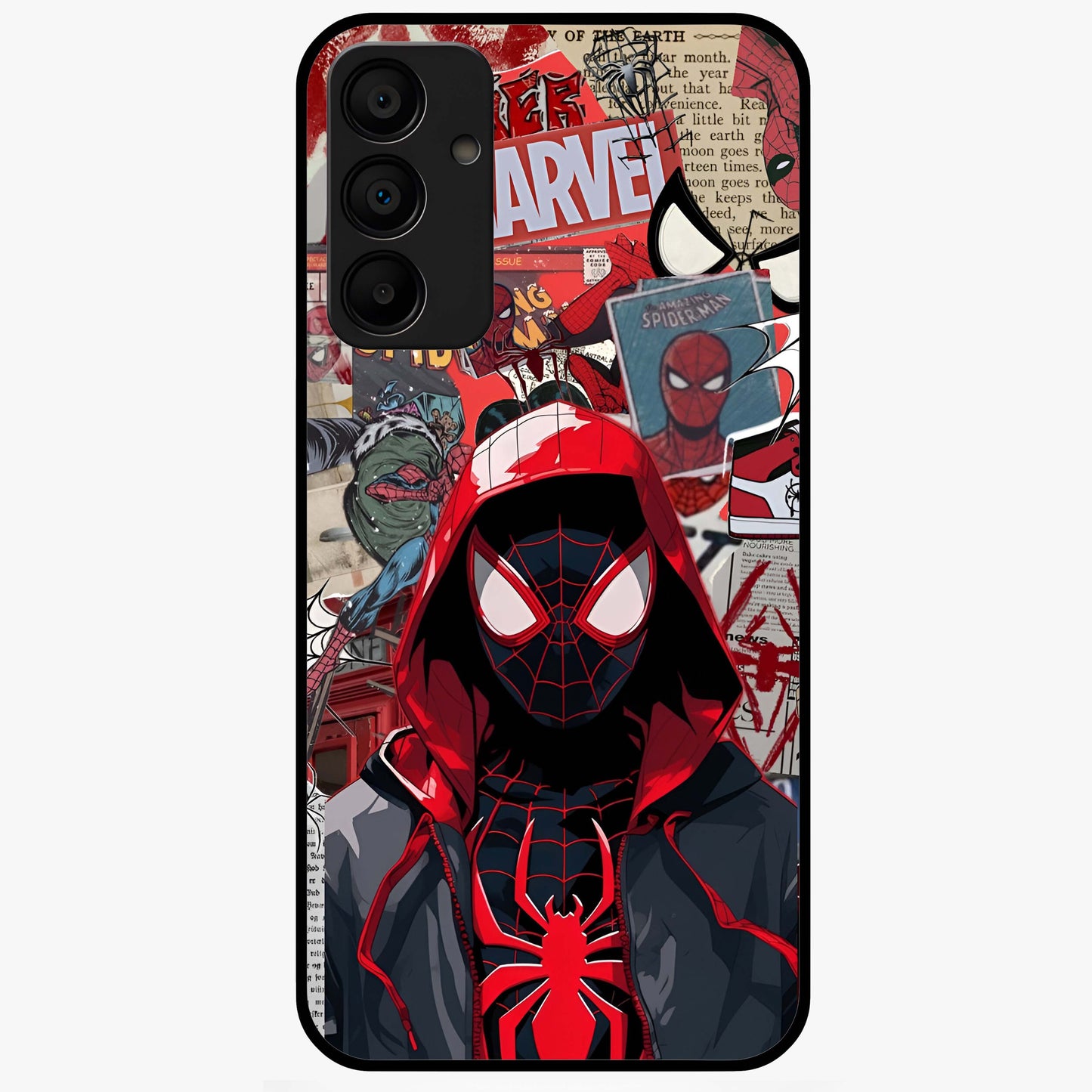 Spider Collage Street Glass Case showing flat back view with vibrant superhero collage artwork and glossy glass finish.