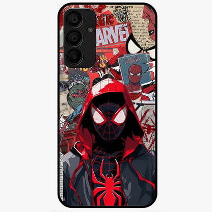 Spider Collage Street Glass Case showing flat back view with vibrant superhero collage artwork and glossy glass finish.