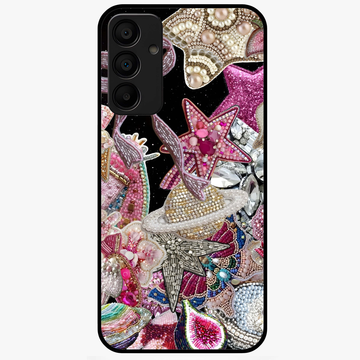Starlit Jewel Dream Glass Case showing flat back view with sparkling jewel and star themed artwork and glossy glass finish.