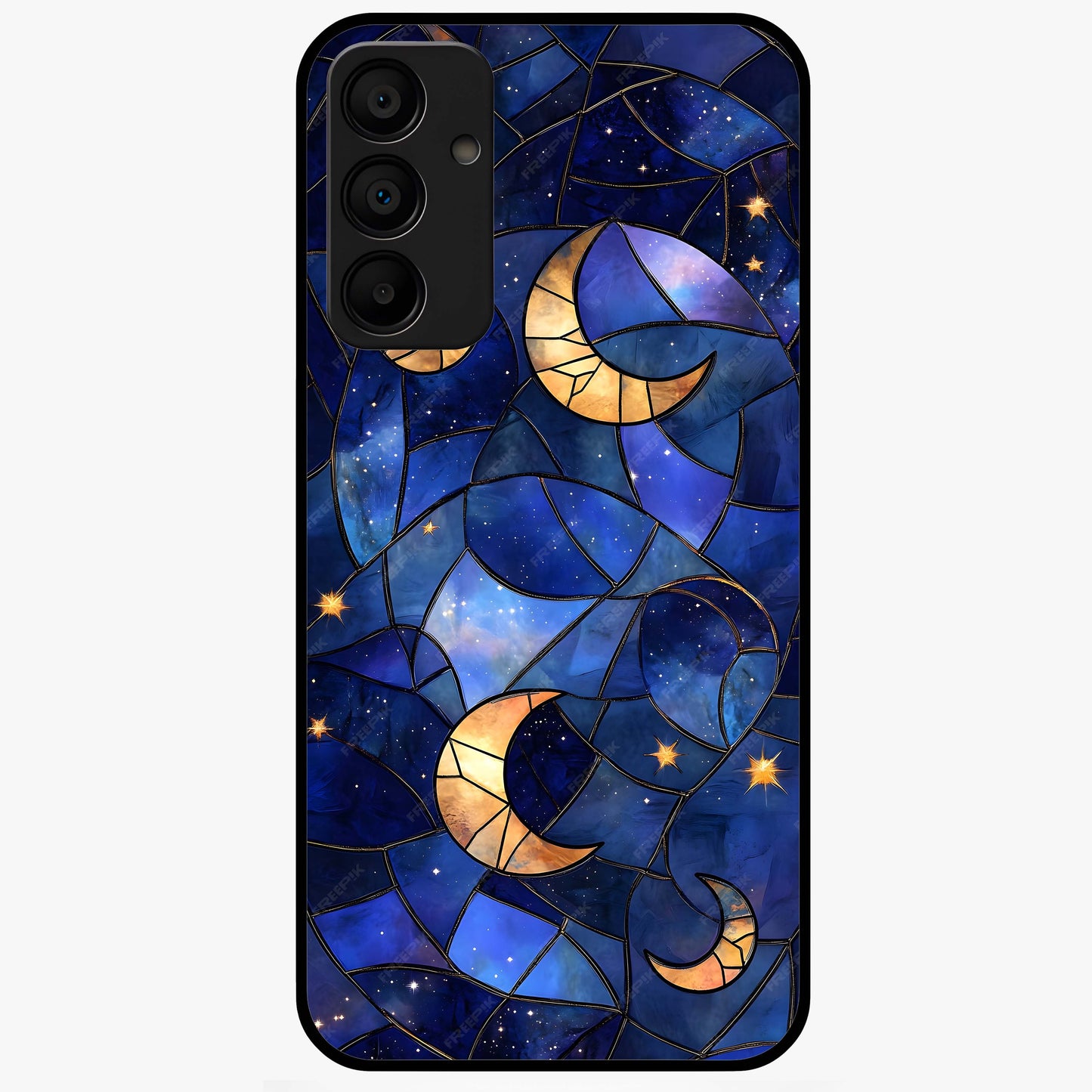 Starlit Sky Tapestry Glass Case showing flat back view with decorative starry sky tapestry artwork and glossy glass finish.
