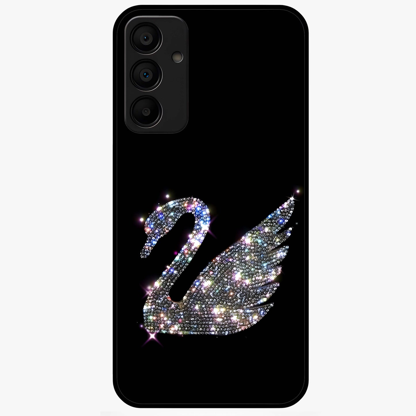 Starlit Swan Grace Glass Case showing flat back view with graceful swan artwork under starry sky and glossy glass finish.