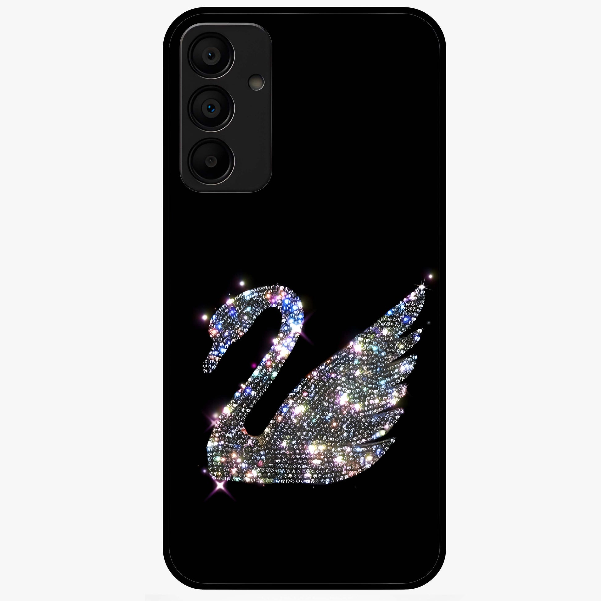 Starlit Swan Grace Glass Case showing flat back view with graceful swan artwork under starry sky and glossy glass finish.