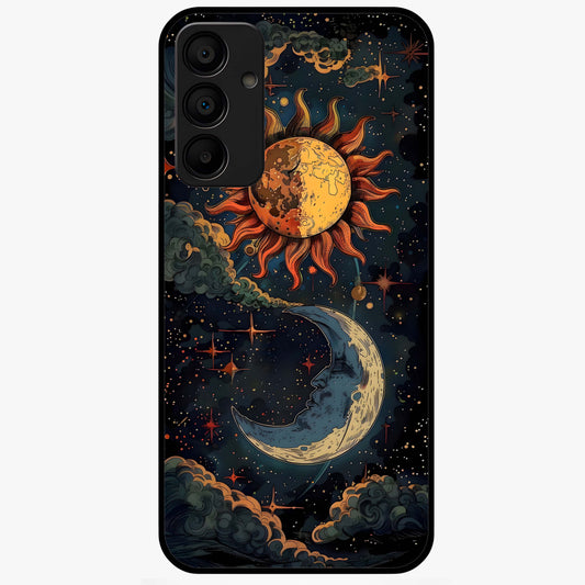 Sun And Moon Magic Design Glass Case showing flat back view with mystical sun and moon artwork and glossy glass finish.