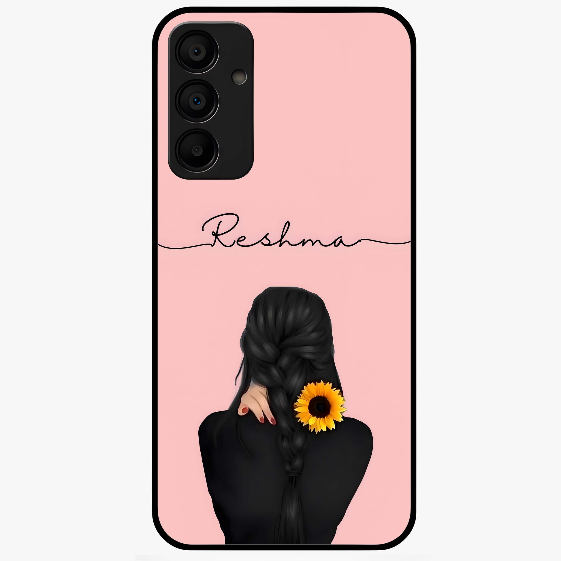 Sunflower Braid Beauty With Custom Name Glass Case showing flat back view with sunflower braid artwork and personalized name design.