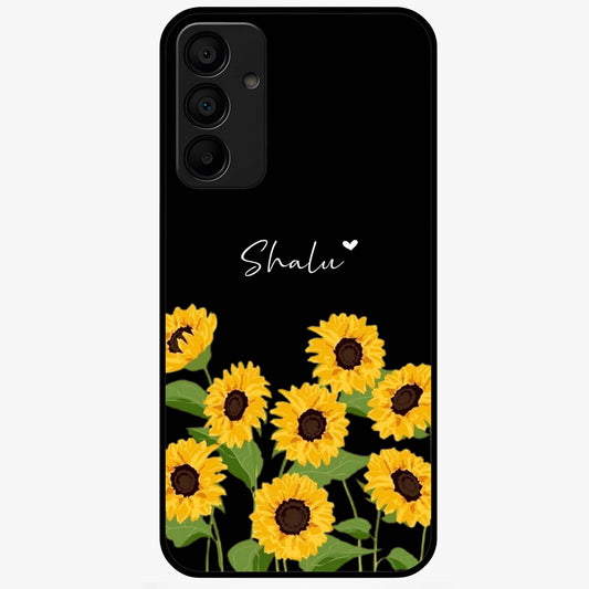 Sunflower Chic Mood Custom Name Glass Case showing flat back view with stylish sunflower artwork and personalized name design.