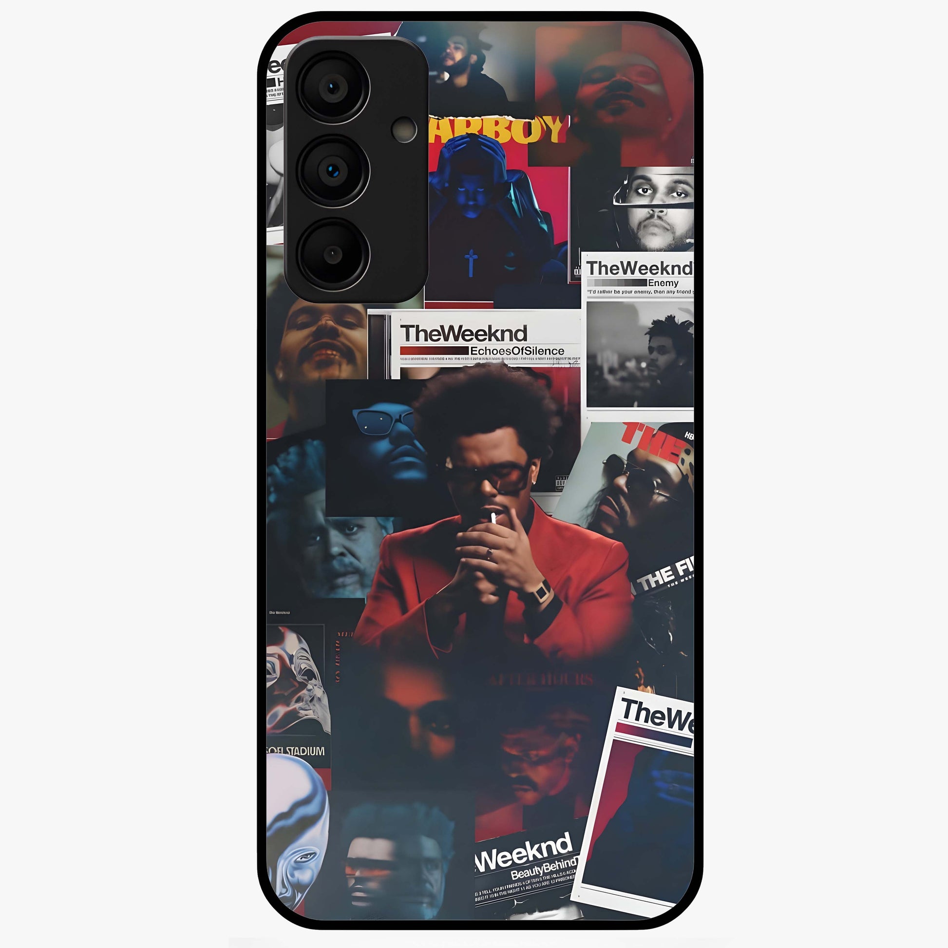 The Weeknd Glass Case showing flat back view with music inspired artistic portrait artwork and glossy glass finish.