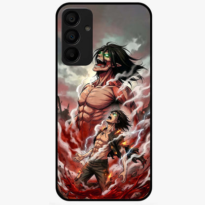 Titan Awakening Fury Glass Case showing flat back view with powerful titan inspired artwork and glossy glass finish.