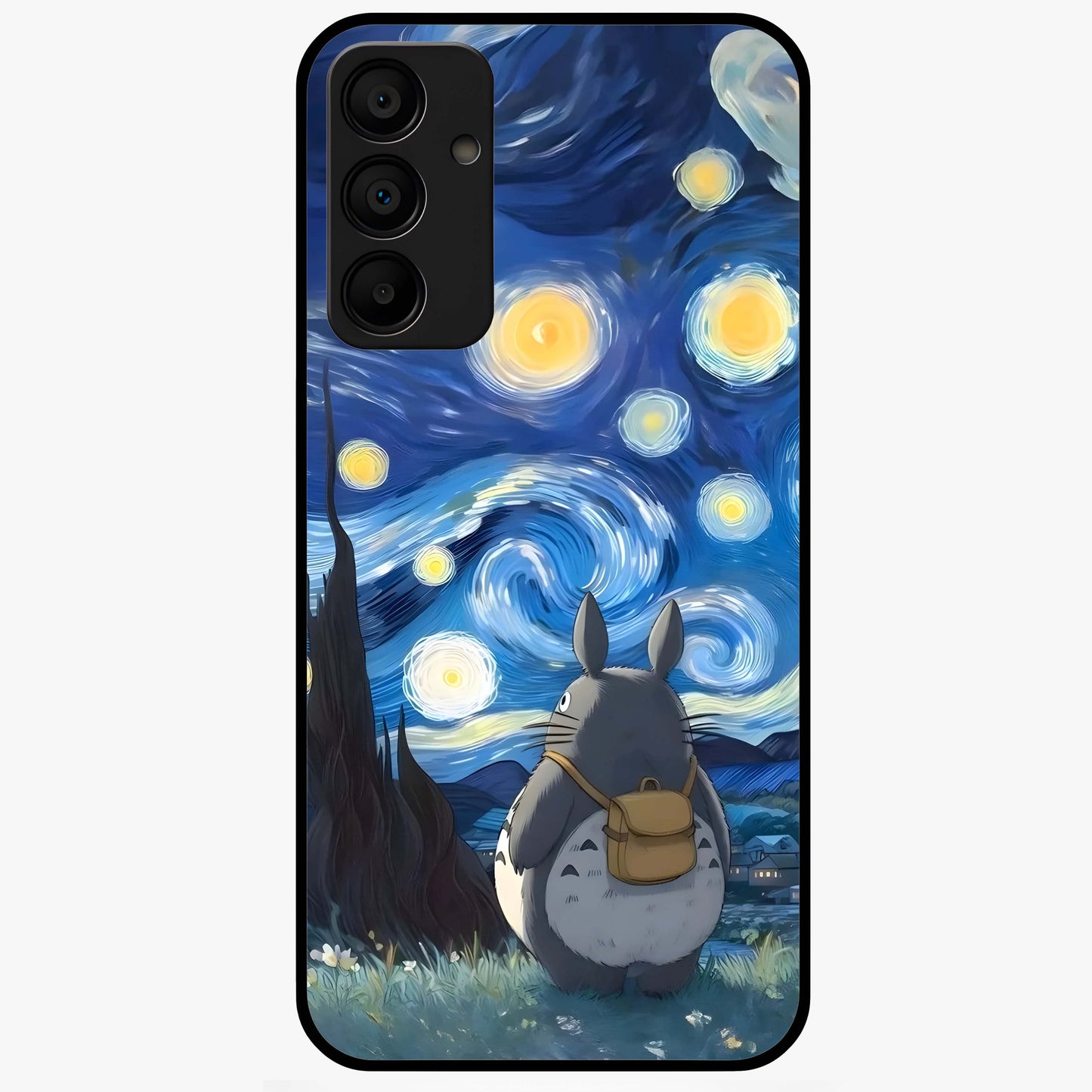 Totoro In Van Gogh Art Glass Case showing flat back view with whimsical character artwork inspired by Van Gogh style and glossy glass finish.