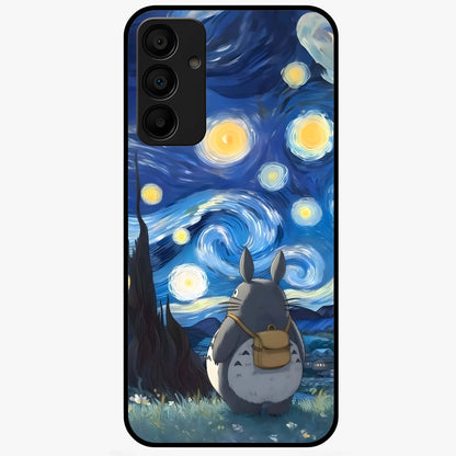 Totoro In Van Gogh Art Glass Case showing flat back view with whimsical character artwork inspired by Van Gogh style and glossy glass finish.