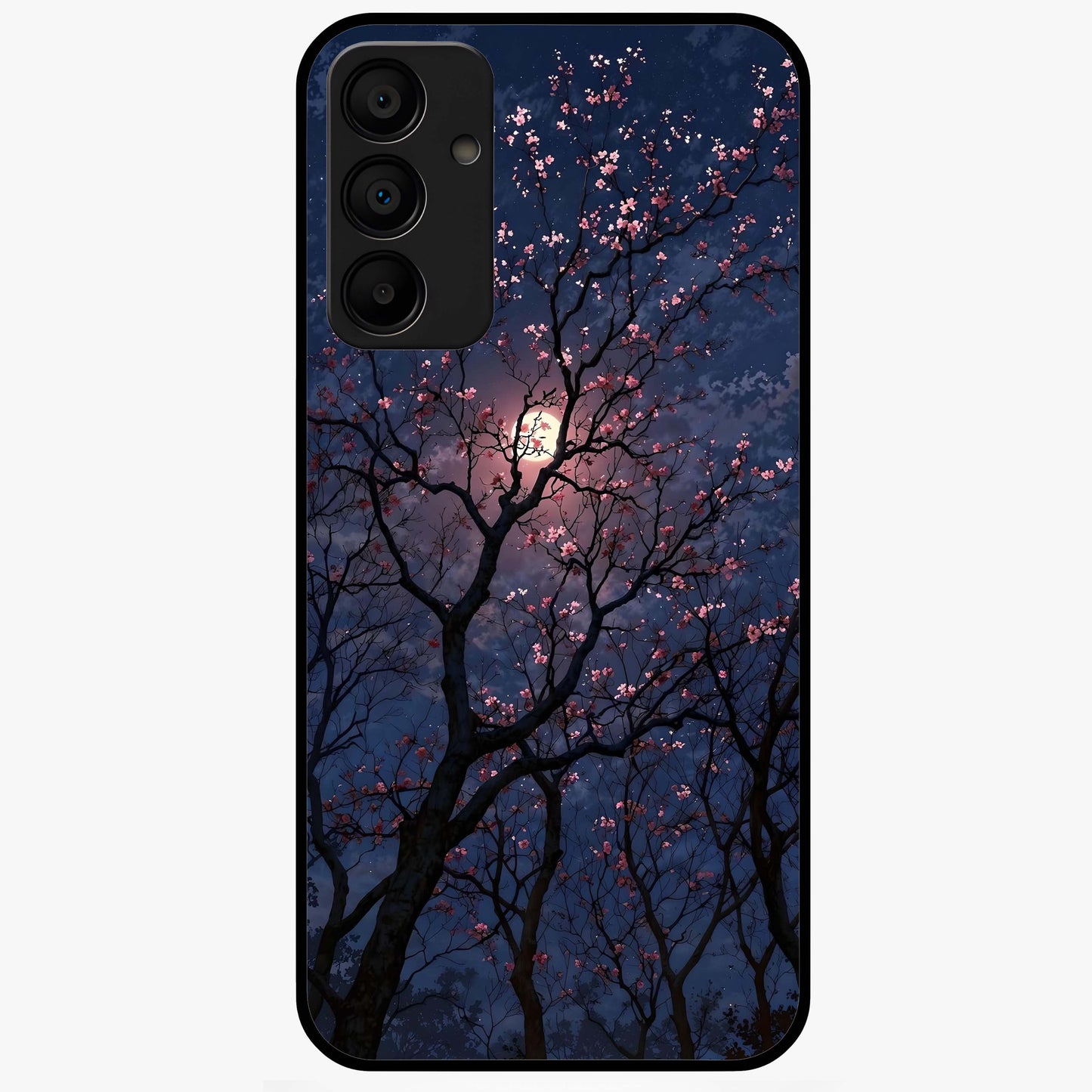Twilight Sakura Serenade Glass Case showing flat back view with cherry blossom artwork at twilight and glossy glass finish.