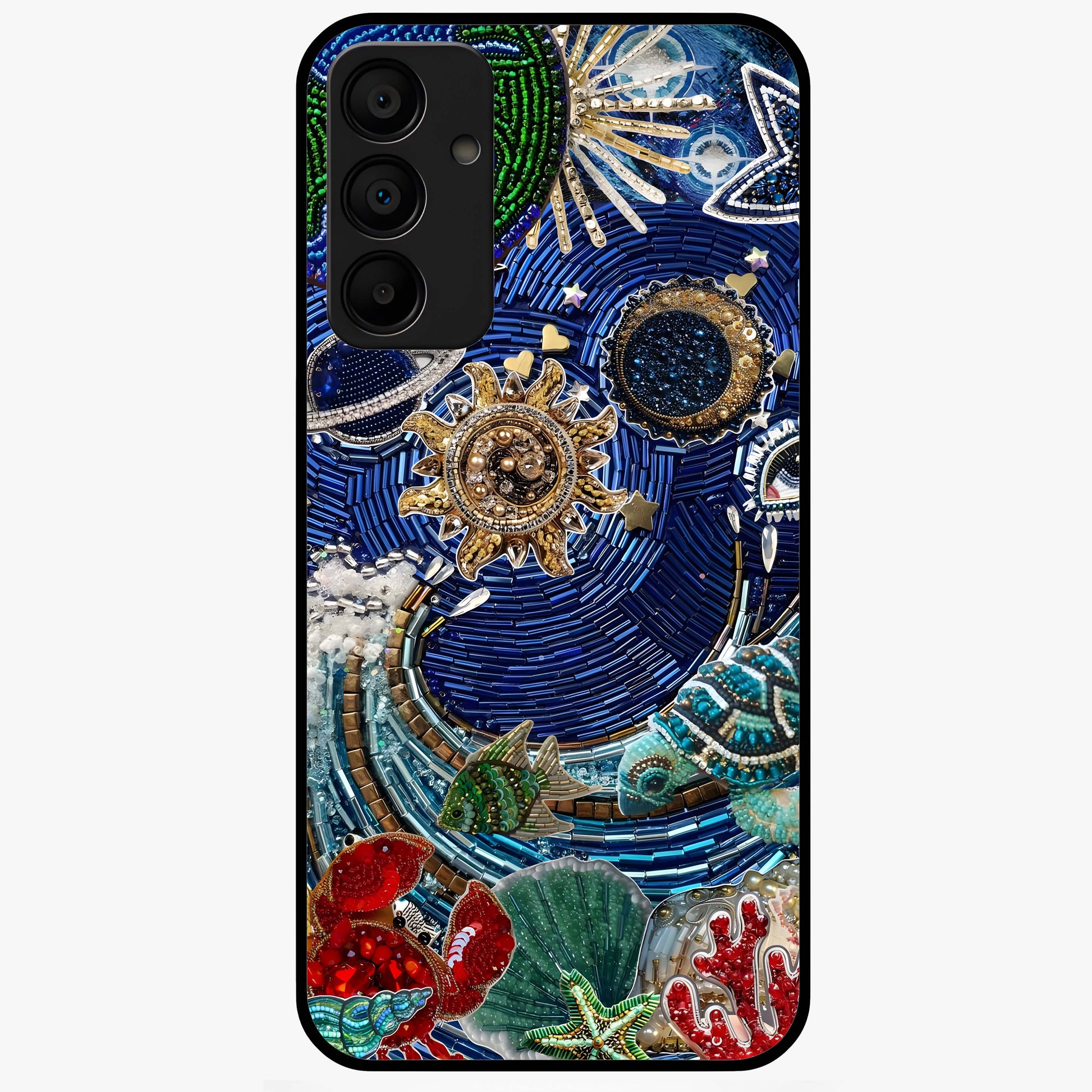 Universe Underwater Spark Glass Case showing flat back view with cosmic underwater themed artwork and glossy glass finish.