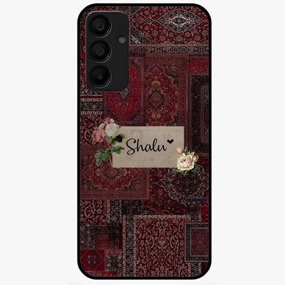 Velvet Wine Pattern Custom Name Glass Case showing flat back view with elegant wine colored pattern artwork and personalized name design.