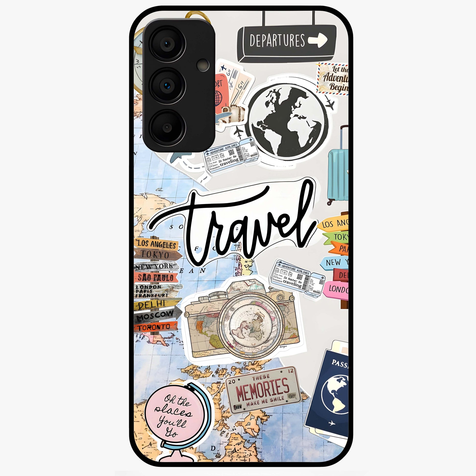 Wanderlust Journal Glass Case showing flat back view with travel inspired artwork and glossy glass finish.