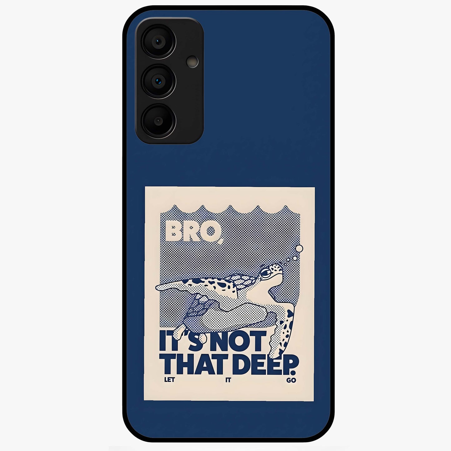 Worry Less Swim Glass Case showing flat back view with playful motivational artwork and glossy glass finish.