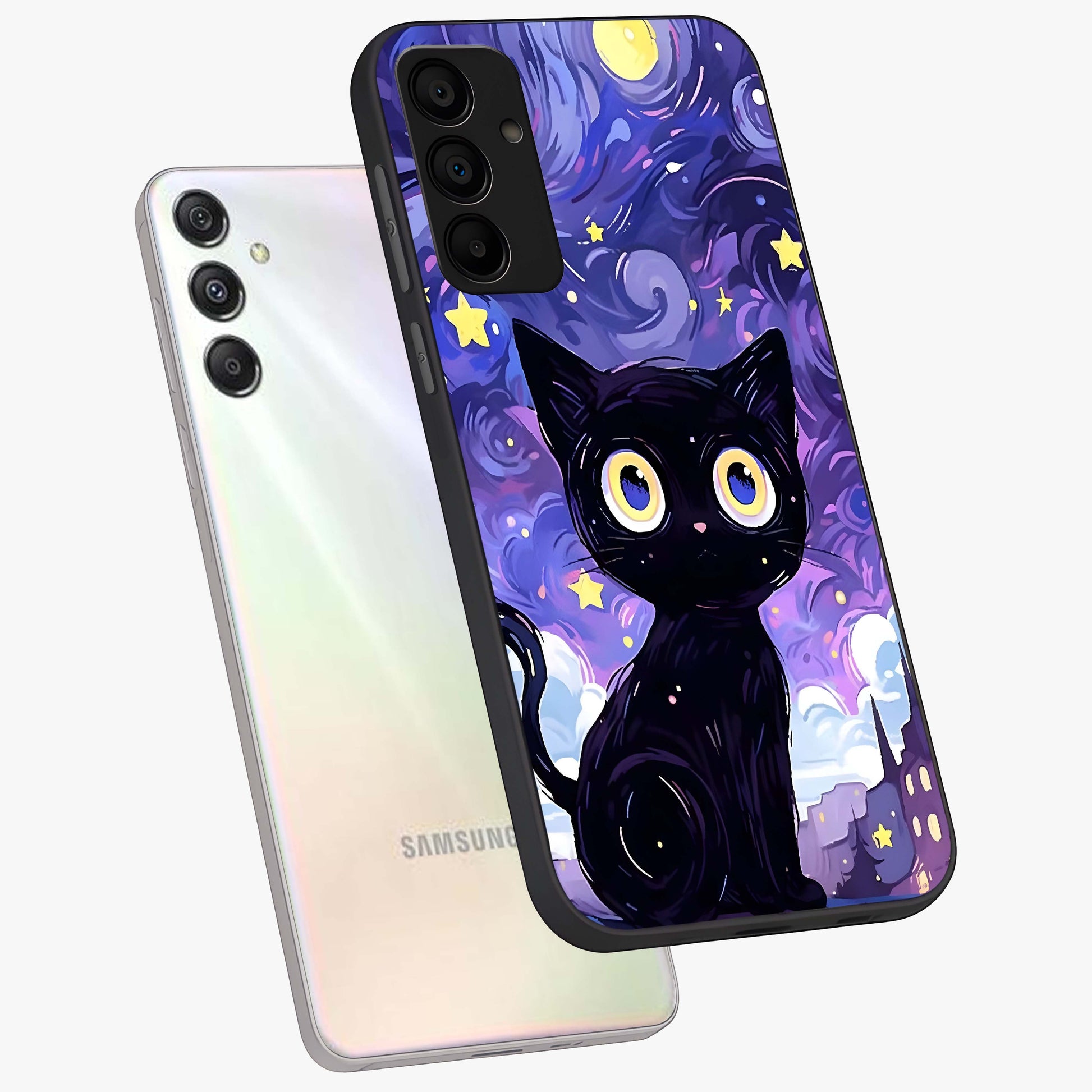 Abstract Cat Art Glass Case displayed in angled mockup highlighting modern abstract cat artwork and sleek glass surface.