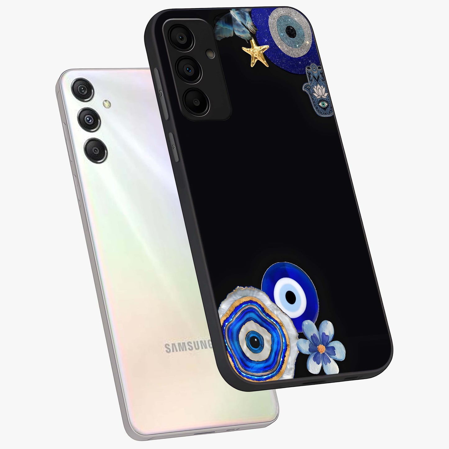 Aesthetic Blue Evil Eye Glass Case displayed in angled mockup highlighting blue evil eye symbol and spiritual aesthetic design.