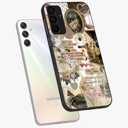 Aesthetic Brown Vintage Collage Glass Case displayed in angled mockup highlighting vintage aesthetic collage design.