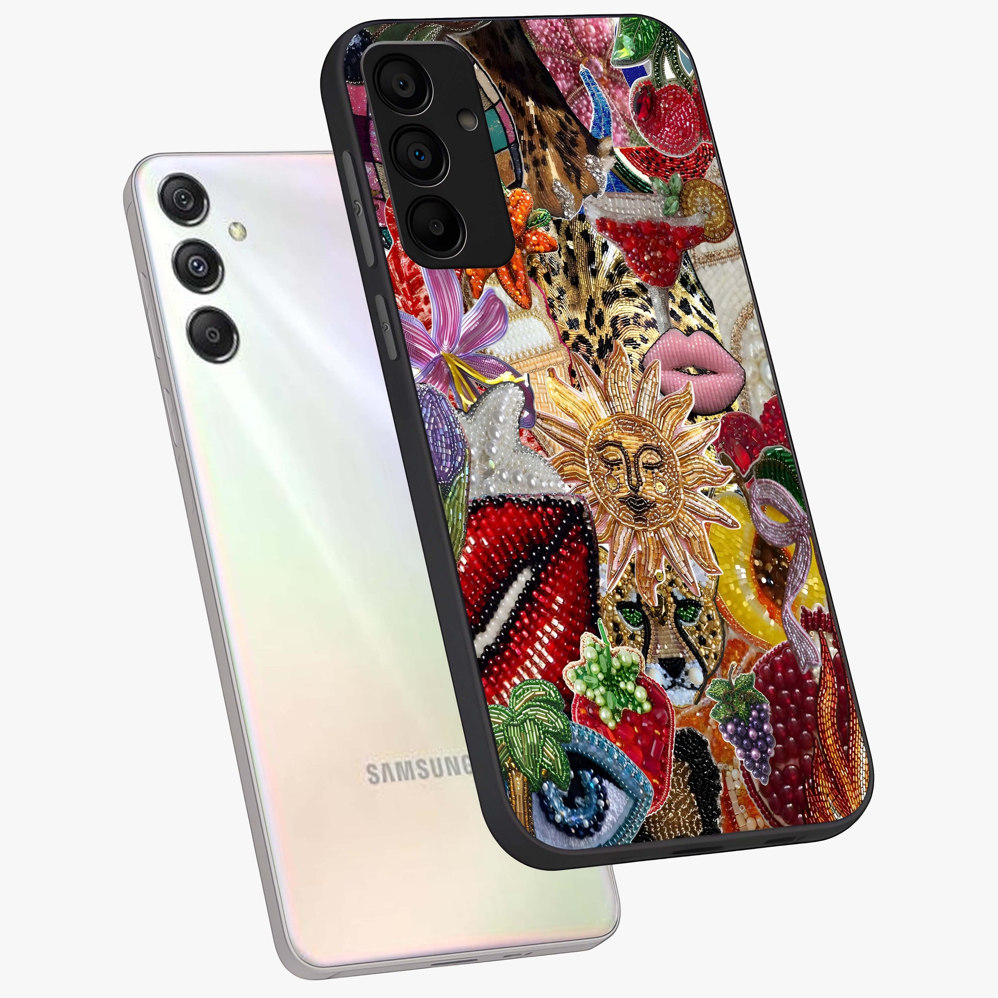 Beaded Fashion Jungle Glass Case displayed in angled mockup highlighting colorful fashion bead design and artistic pattern.