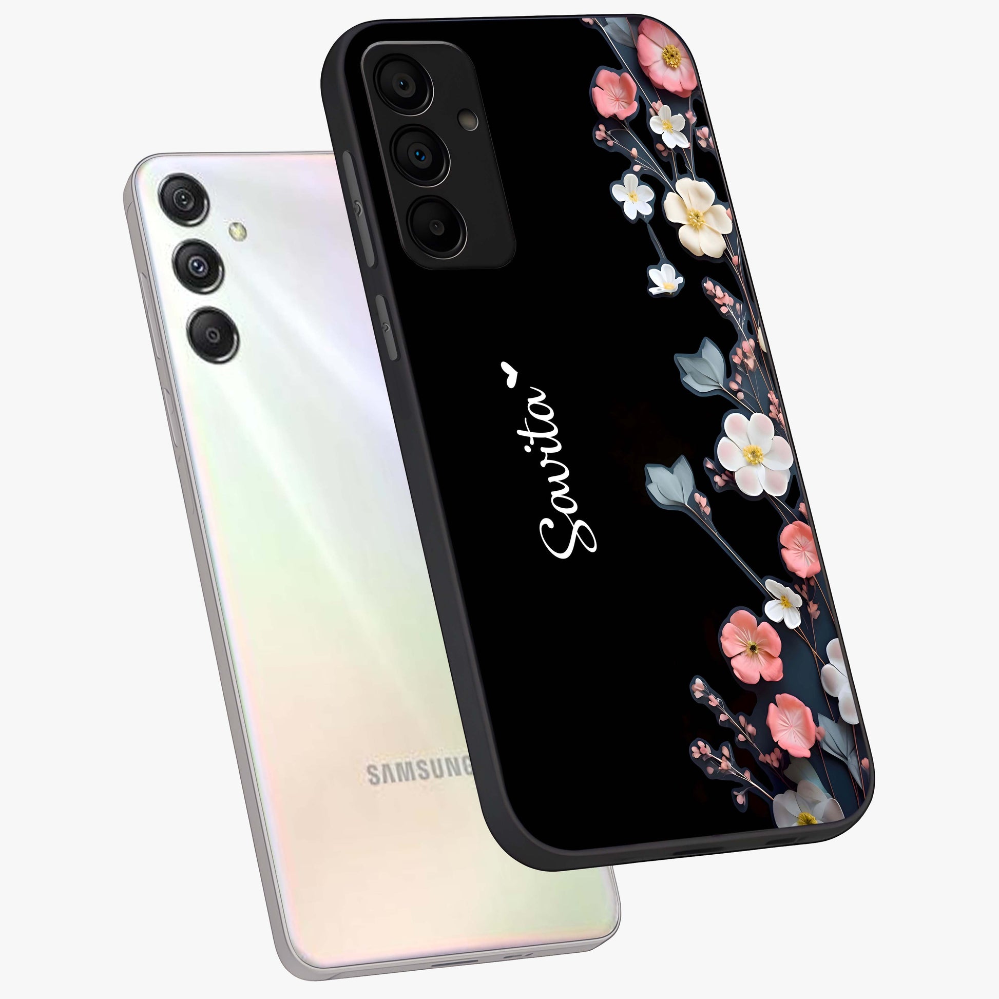 Black Elegance Floral Custom Name Glass Case displayed in angled mockup highlighting dark floral aesthetic and custom name feature.