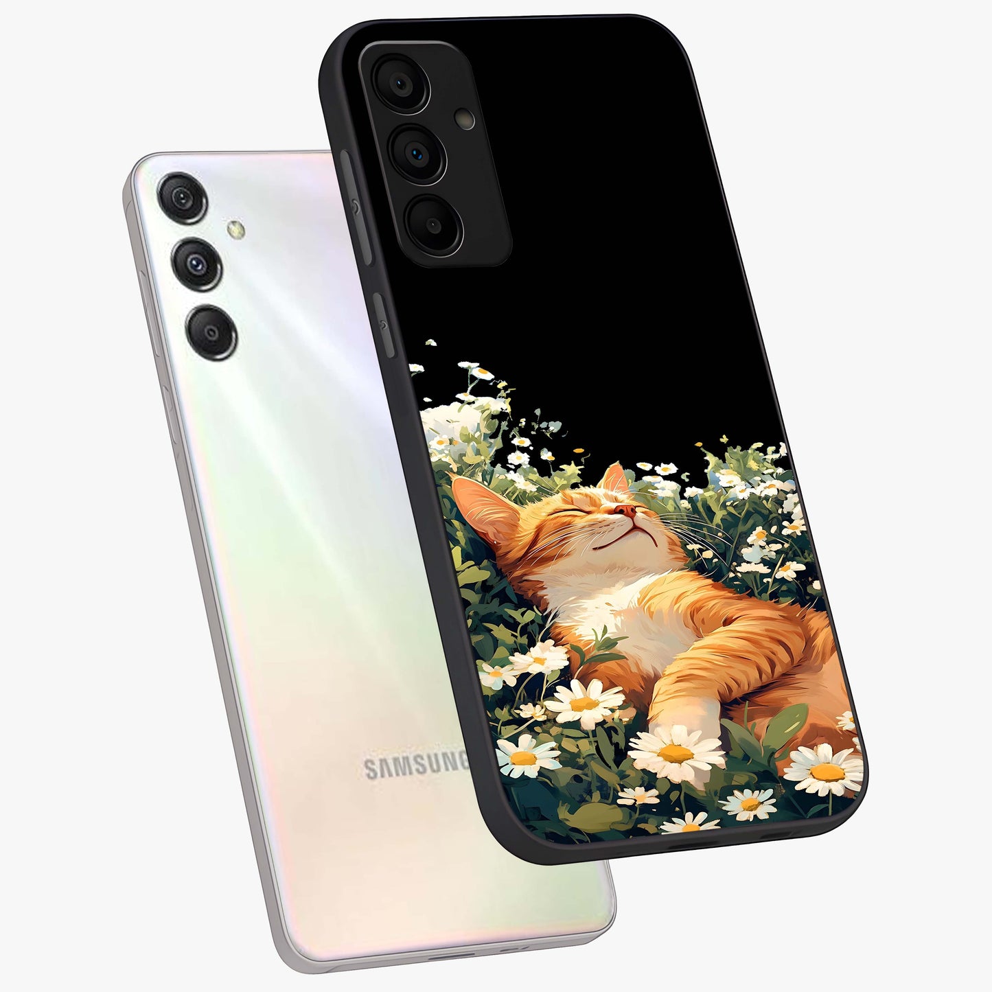 Blissful Bloom Cat Glass Case displayed in angled mockup highlighting playful feline illustration with soft floral aesthetic.
