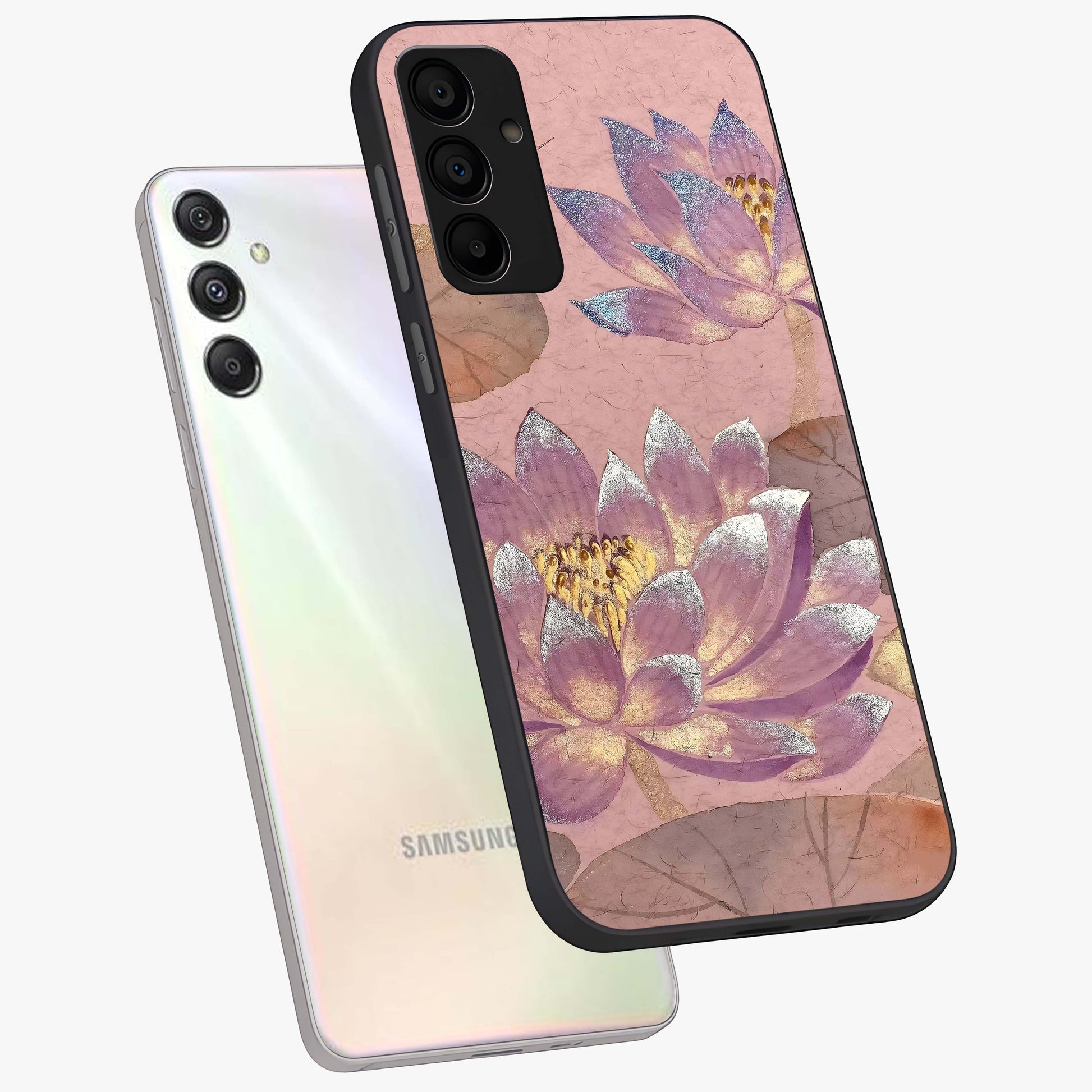 Blossom Mist Lotus Glass Case displayed in angled mockup highlighting delicate lotus illustration with calm aesthetic theme.