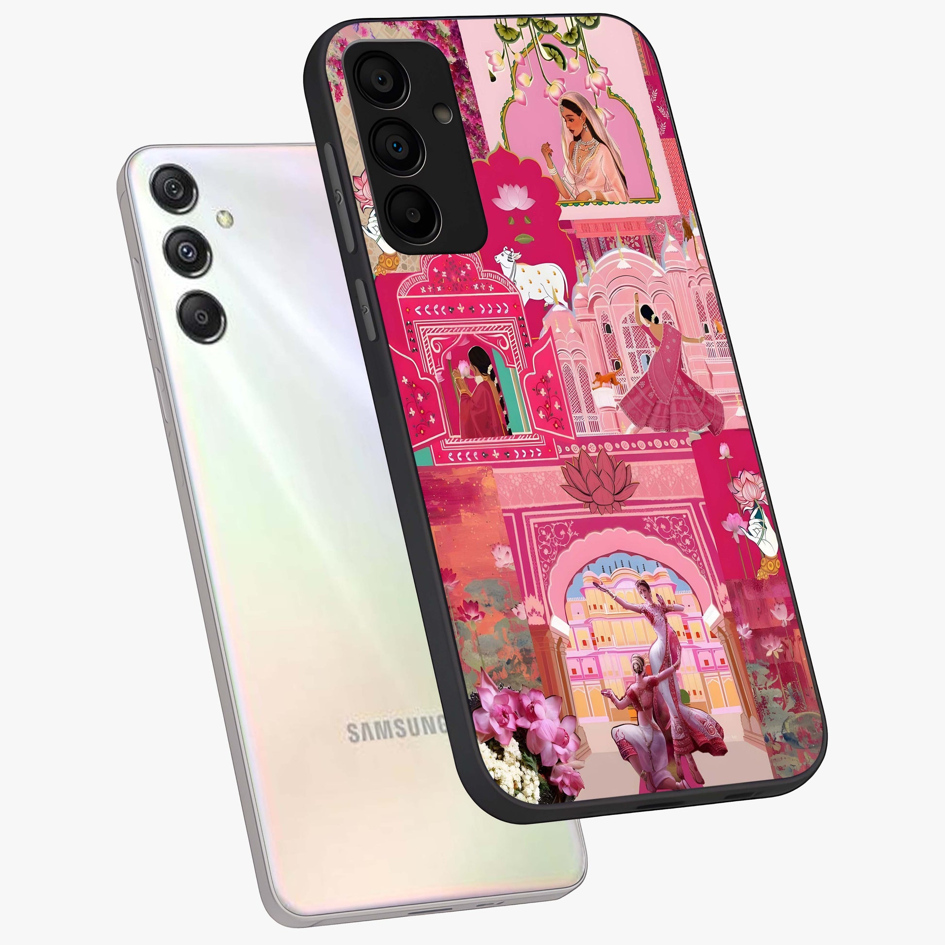 Blossoms of Rajasthan Glass Case displayed in angled mockup highlighting vibrant floral pattern with cultural aesthetic style.
