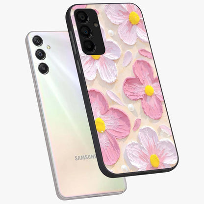 Blush Bloom Texture Glass Case displayed in angled mockup highlighting subtle bloom pattern with aesthetic pastel design.