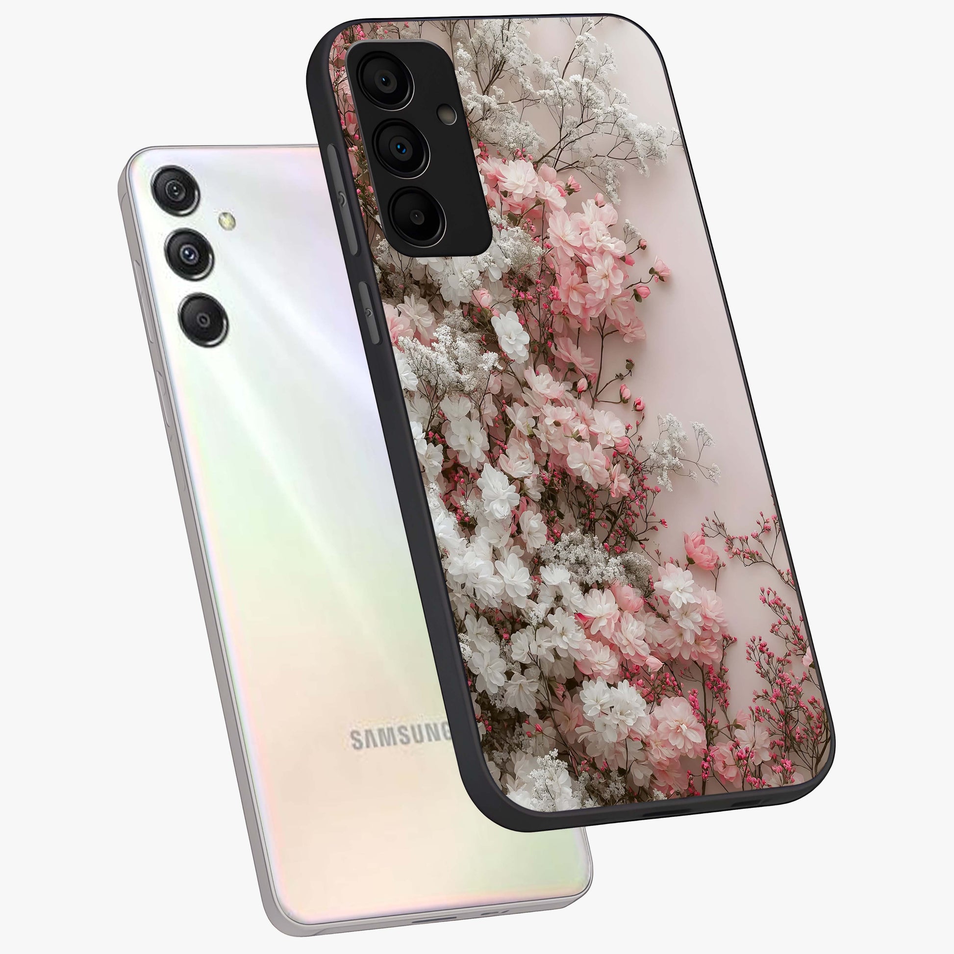 Blush Blossom Cloud Glass Case displayed in angled mockup highlighting soft cloud and blossom design with pastel aesthetic.