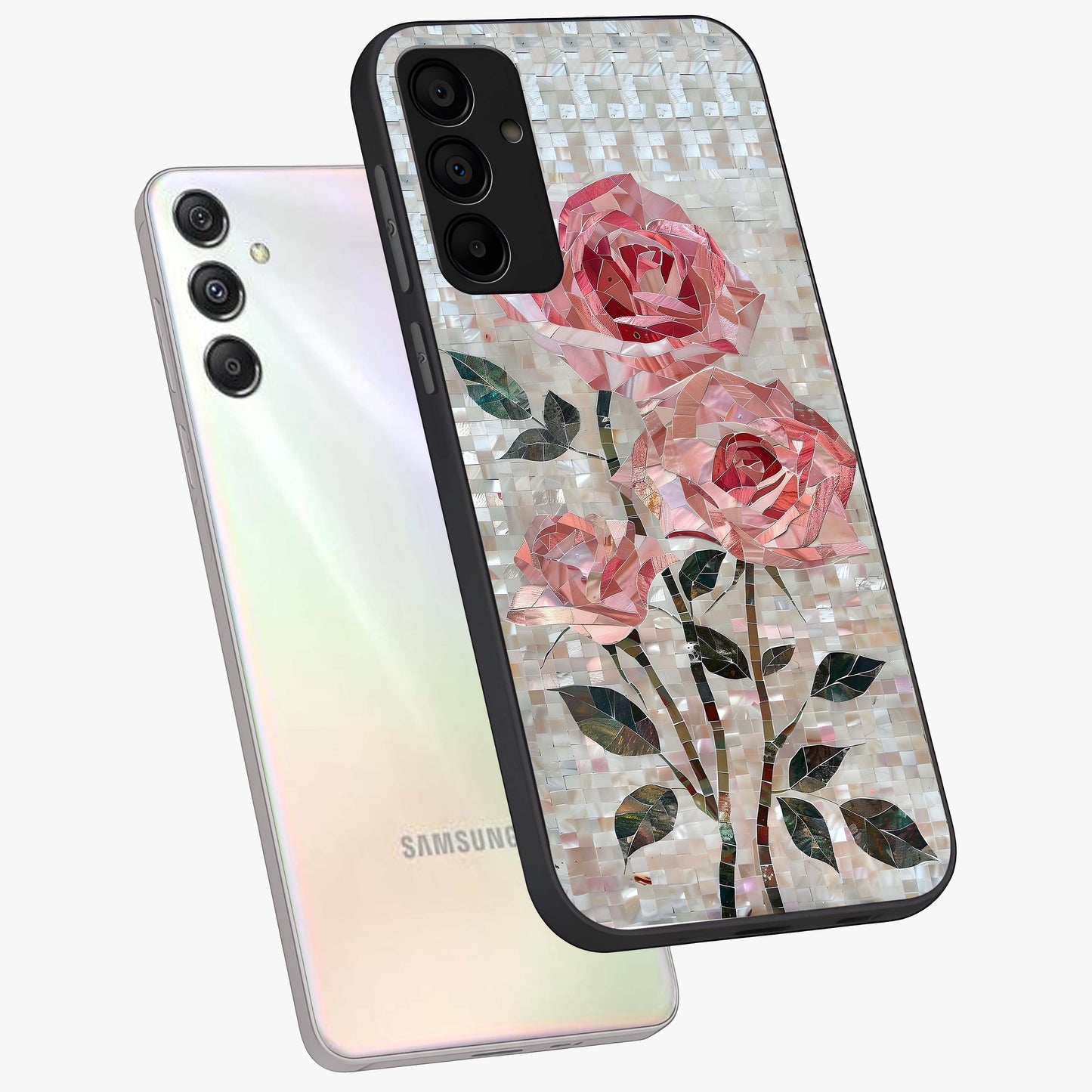 Blush Mosaic Bloom Glass Case displayed in angled mockup highlighting artistic mosaic flower pattern with aesthetic design.