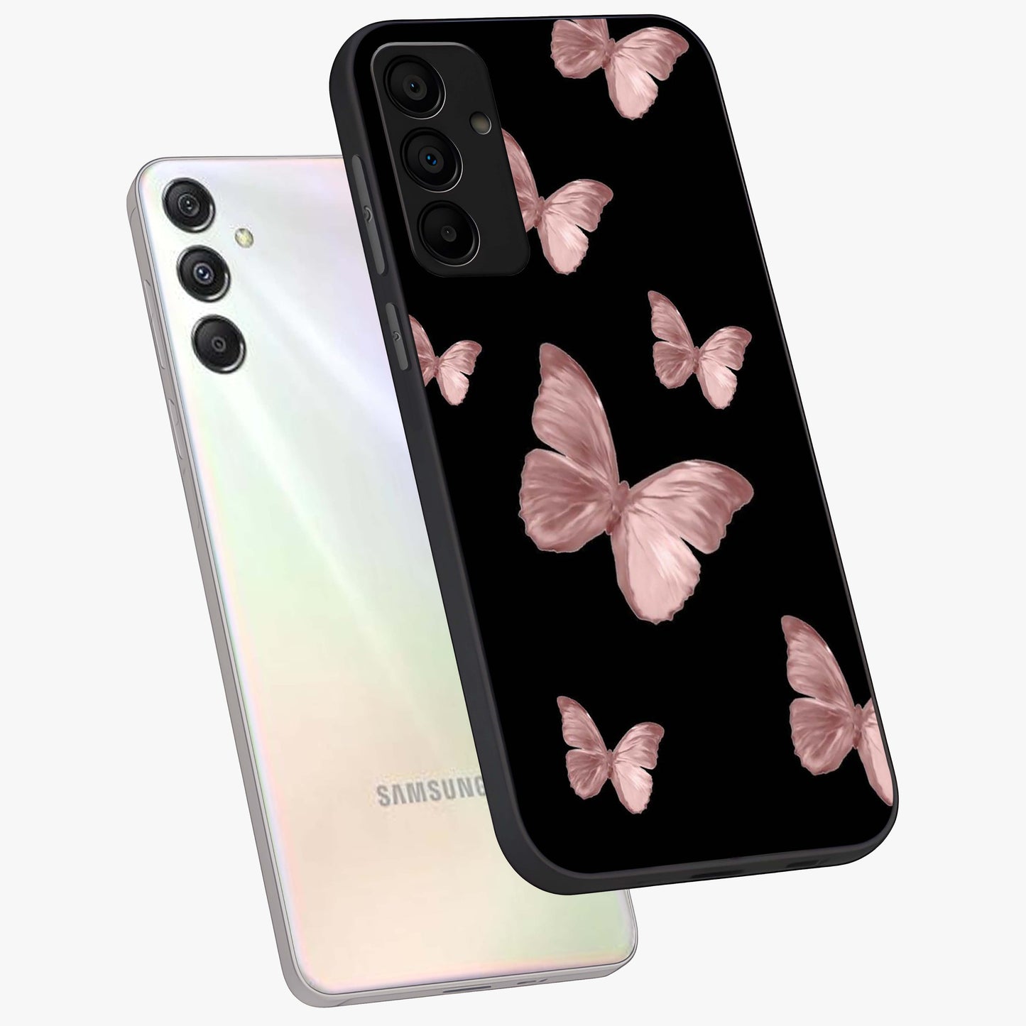 Butterfly Pattern Glass Case displayed in angled mockup highlighting delicate butterfly design and aesthetic pattern style.
