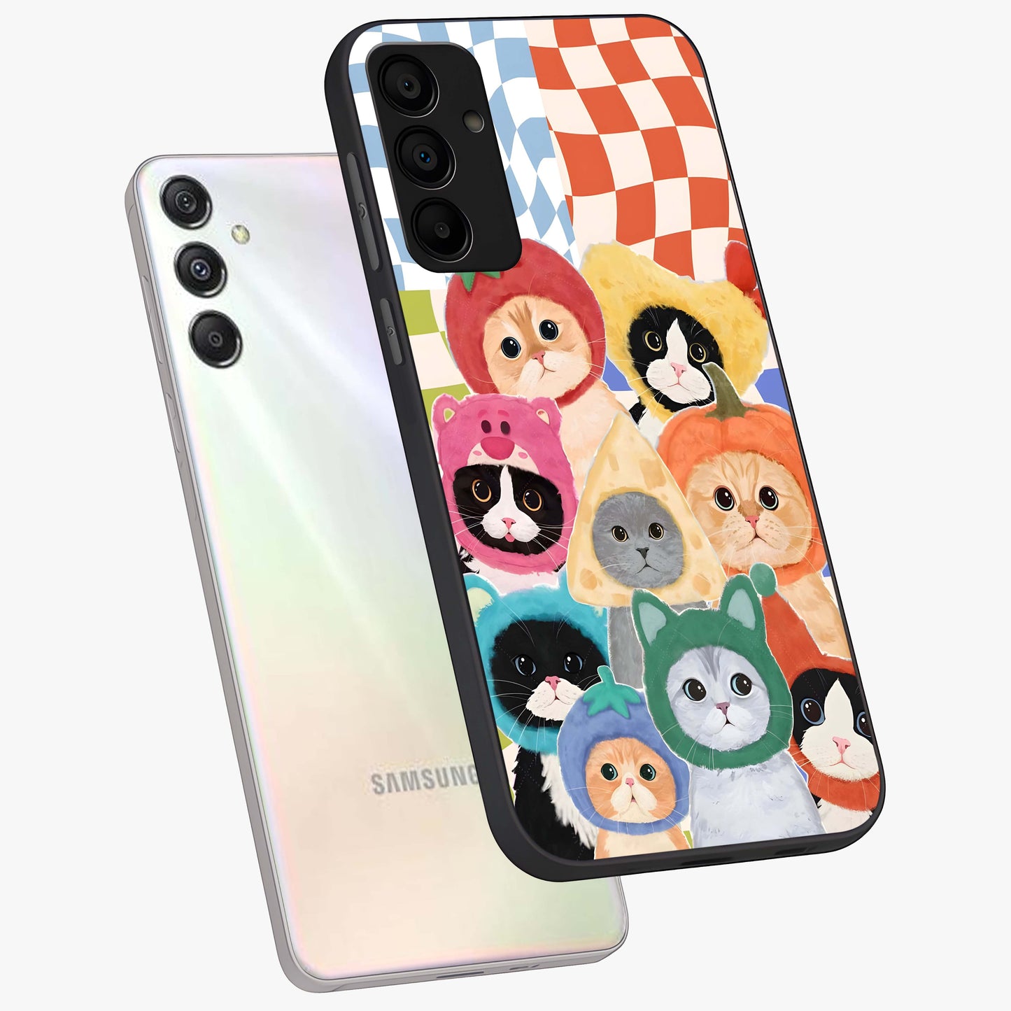Cats in Fruits Glass Case displayed in angled mockup highlighting cute feline fruit design with colorful aesthetic style.