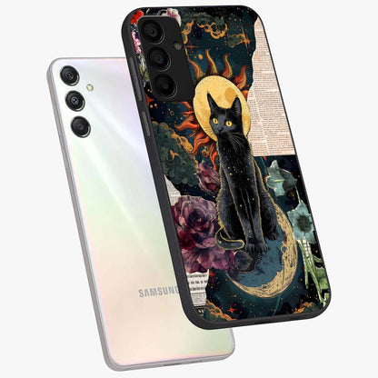 Celestial Black Cat Glass Case displayed in angled mockup highlighting cosmic black cat design with celestial aesthetic.