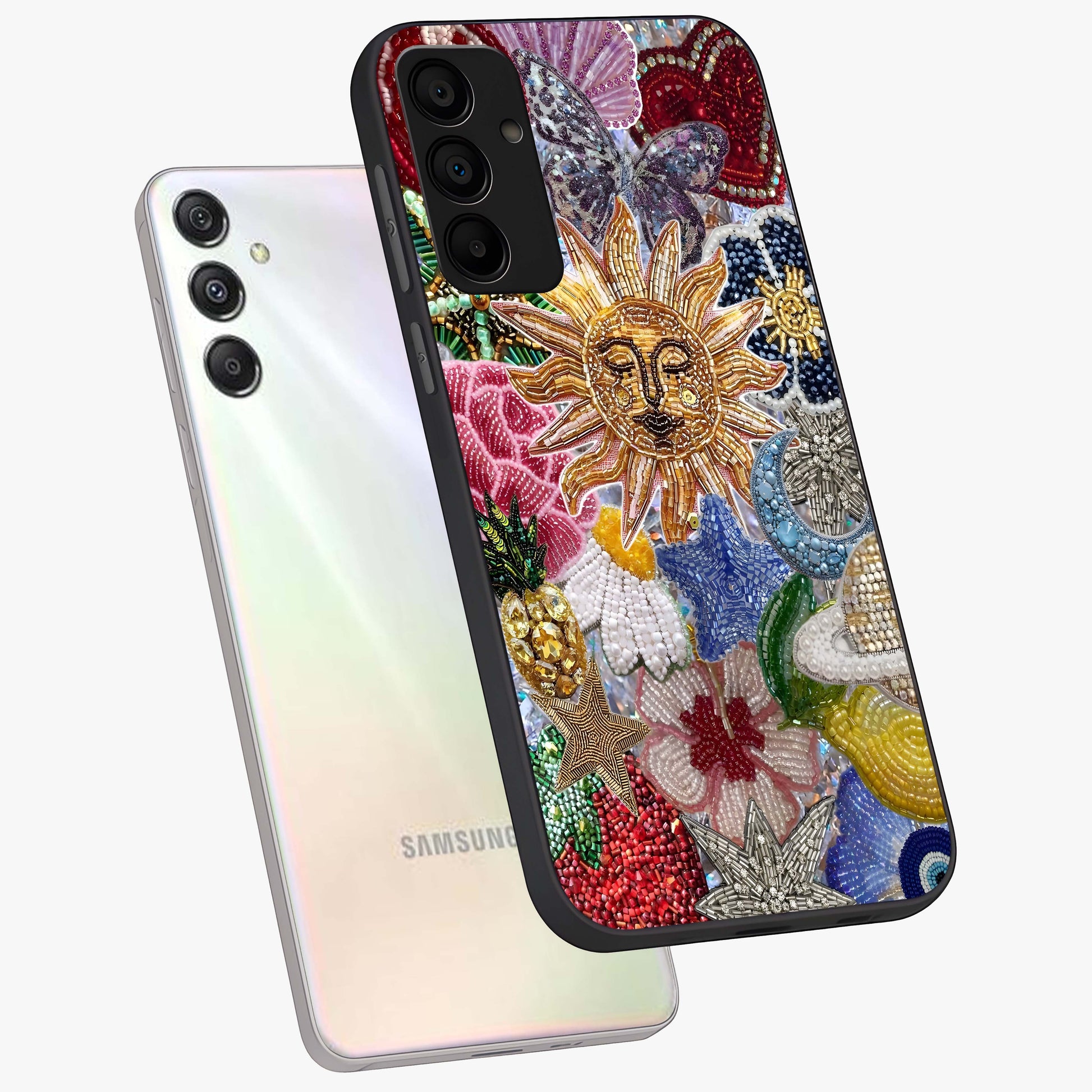 Celestial Floral and Playful Glass Case displayed in angled mockup highlighting playful floral design with dreamy celestial elements.