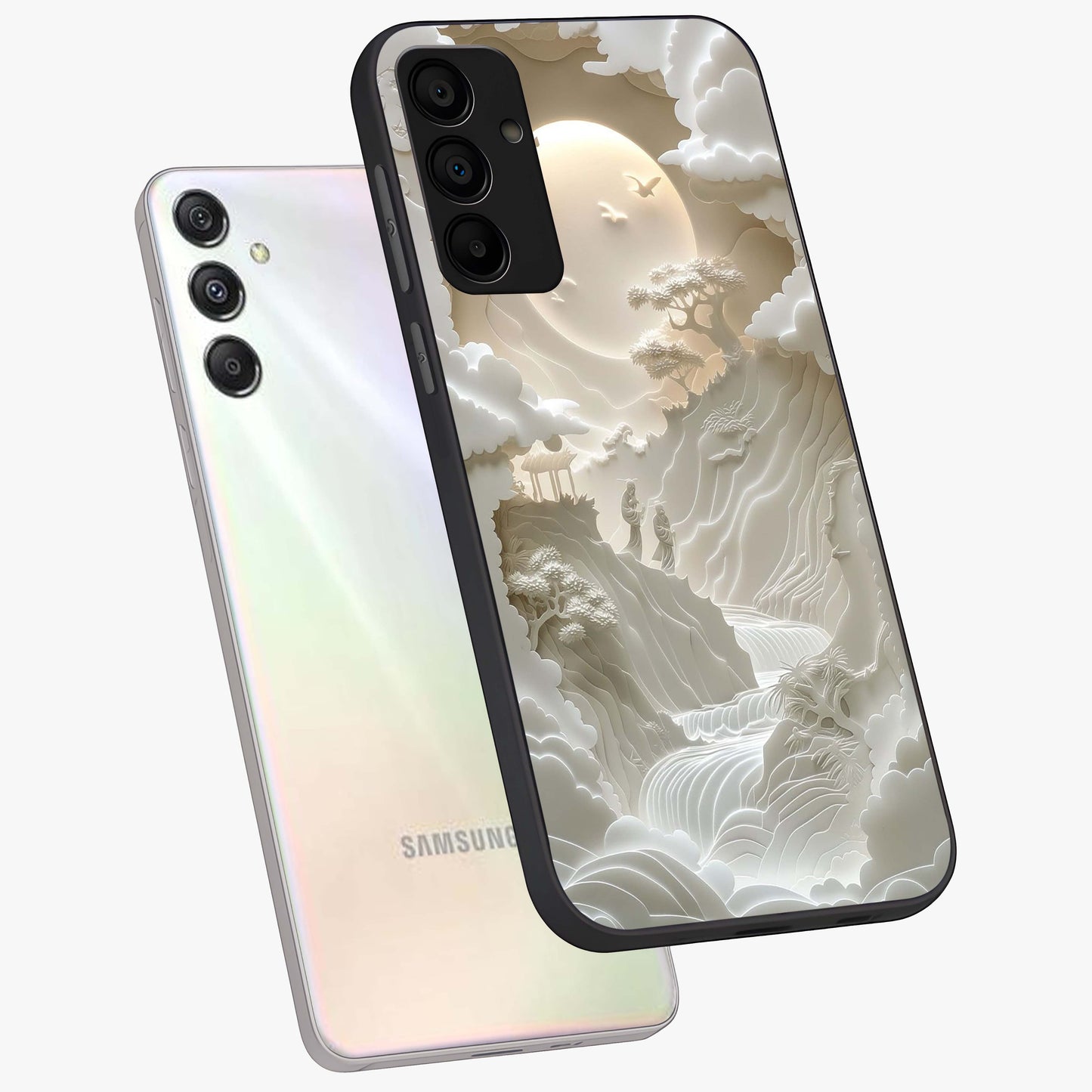 Celestial Origami Glass Case displayed in angled mockup highlighting geometric origami design with cosmic aesthetic theme.