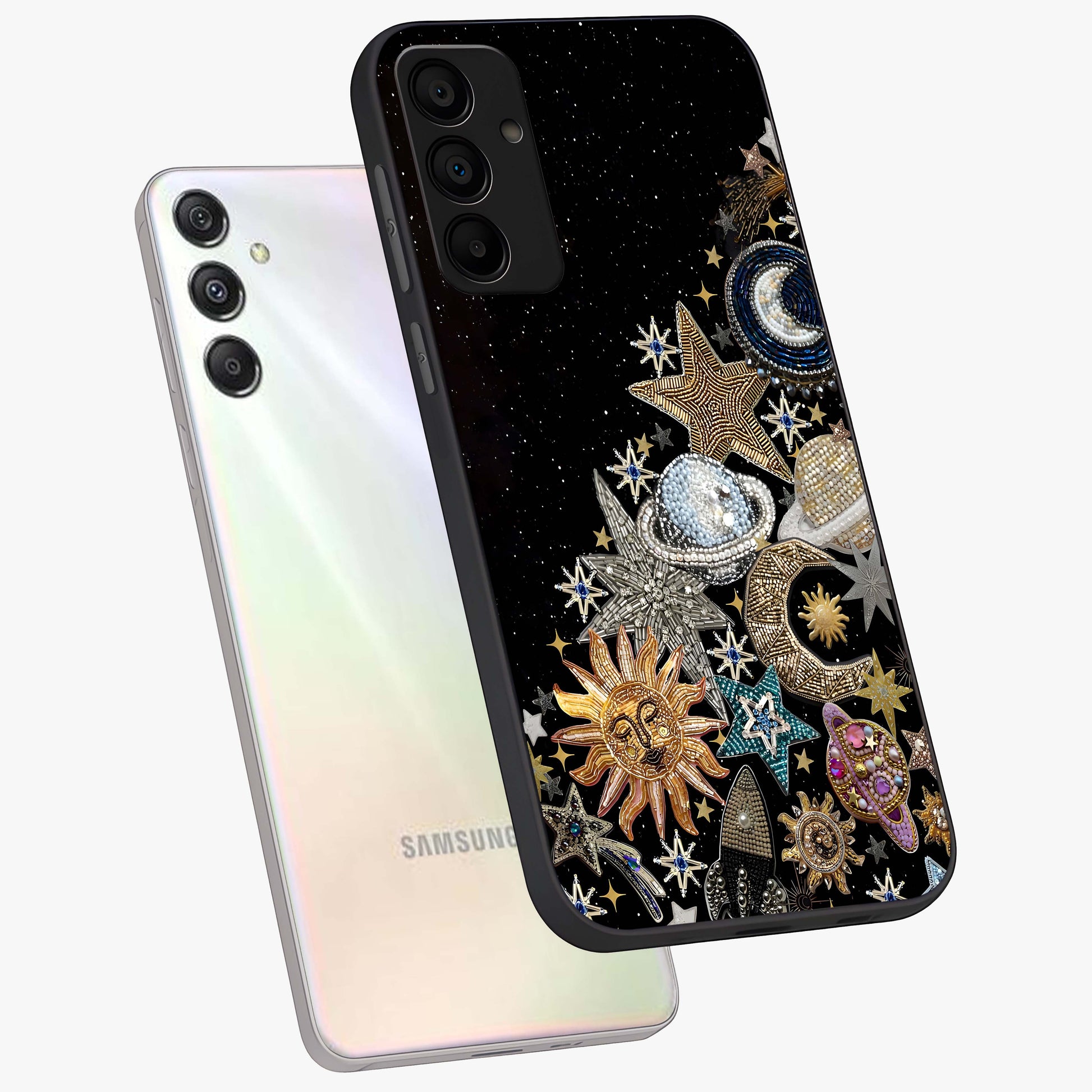 Cosmic Sparkle Dreams Glass Case displayed in angled mockup highlighting dreamy star sparkle design with celestial aesthetic.