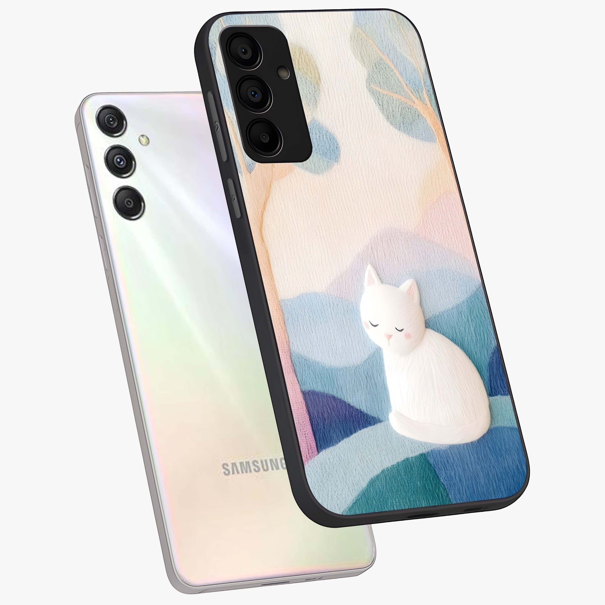 Cotton Dream Cat Glass Case displayed in angled mockup highlighting cute feline illustration with pastel aesthetic style.