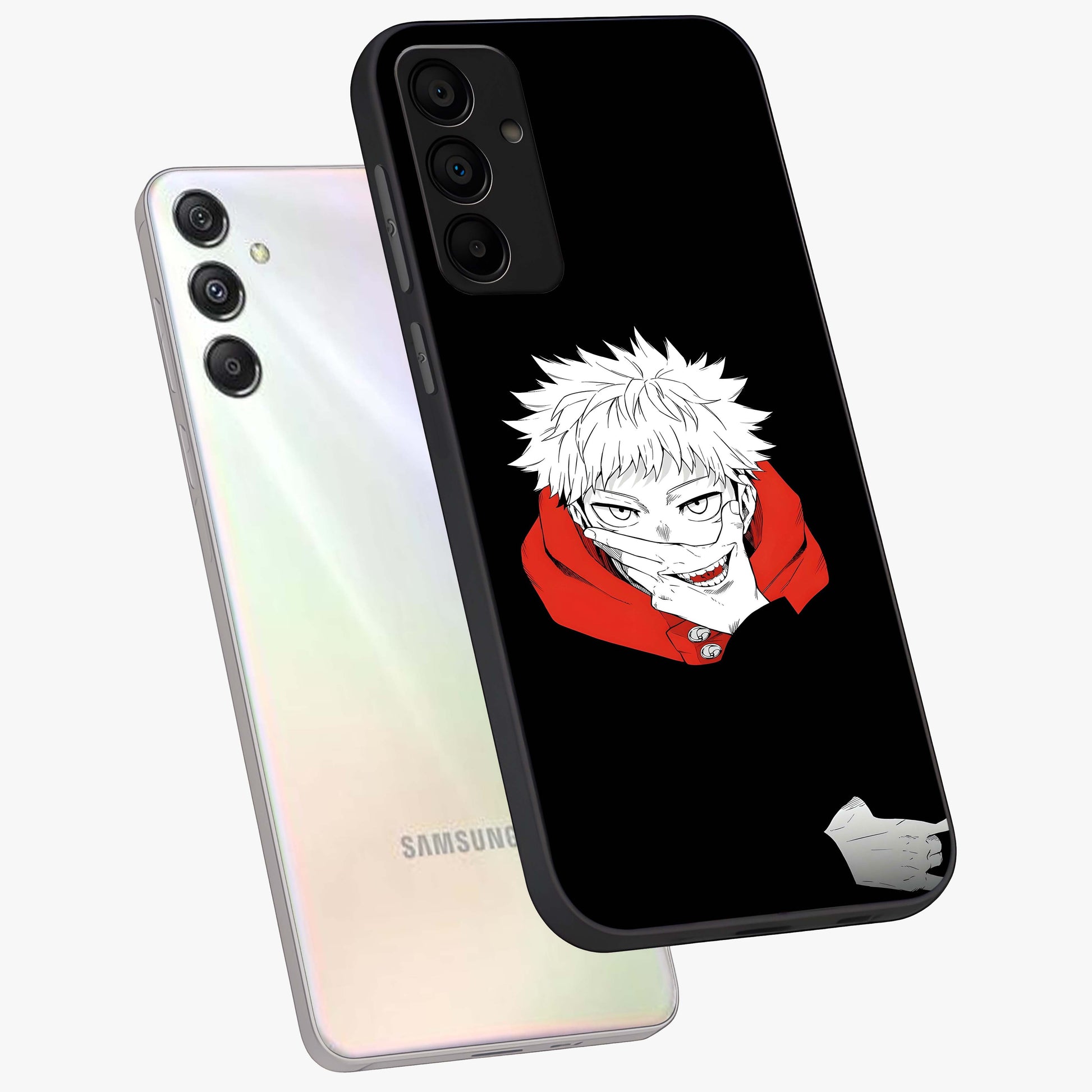 Crimson Chaos Smile Glass Case displayed in angled mockup highlighting edgy crimson smile design with graphic aesthetic.