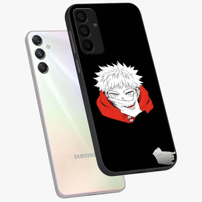 Crimson Chaos Smile Glass Case displayed in angled mockup highlighting edgy crimson smile design with graphic aesthetic.