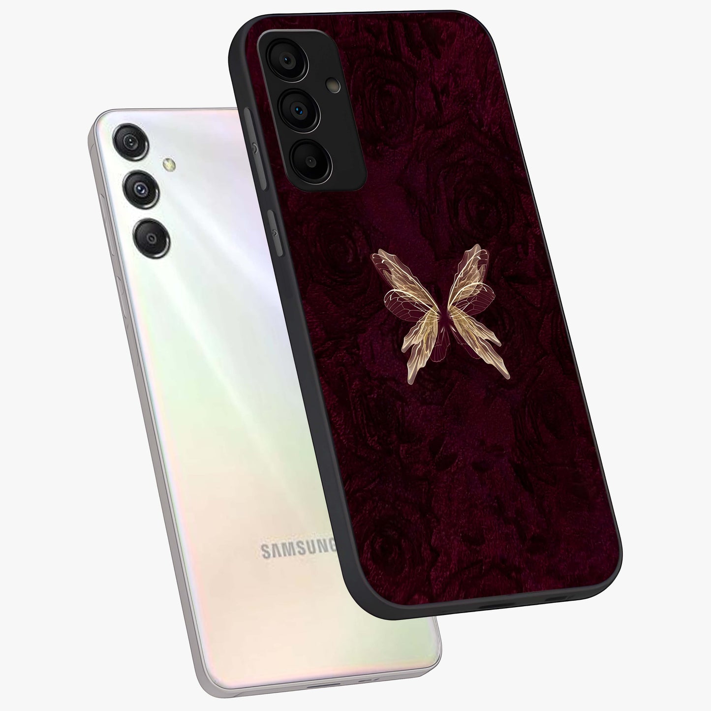 Crimson Fade Butterfly Glass Case displayed in angled mockup highlighting elegant butterfly design with crimson gradient aesthetic.