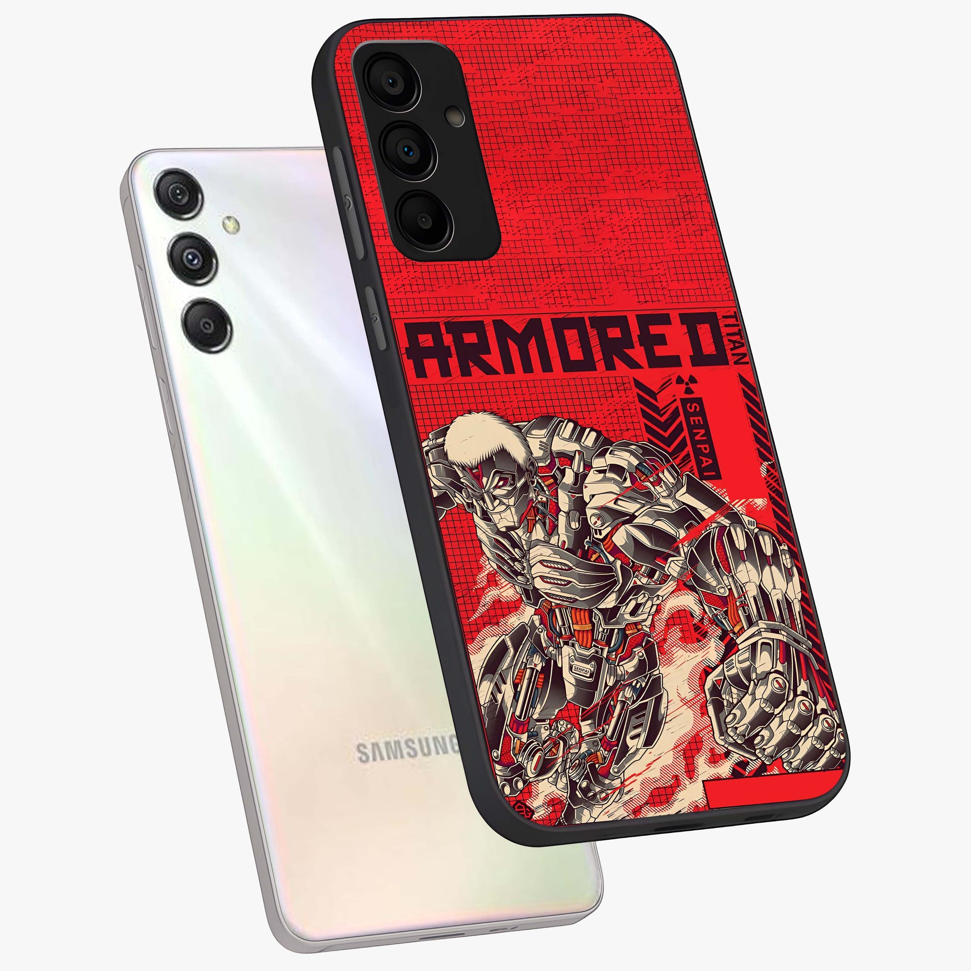 Crimson Mecha Titan Glass Case displayed in angled mockup highlighting futuristic mech illustration with bold crimson aesthetic.