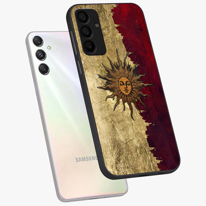 Crimson Sun Majesty Glass Case displayed in angled mockup highlighting majestic crimson sun design with bold aesthetic style.