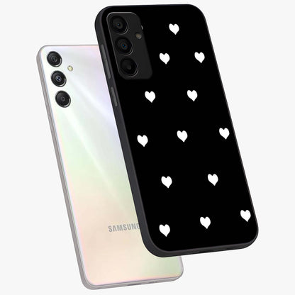 Cute And Simple White Hearts Glass Case displayed in angled mockup highlighting cute heart design with clean aesthetic style.
