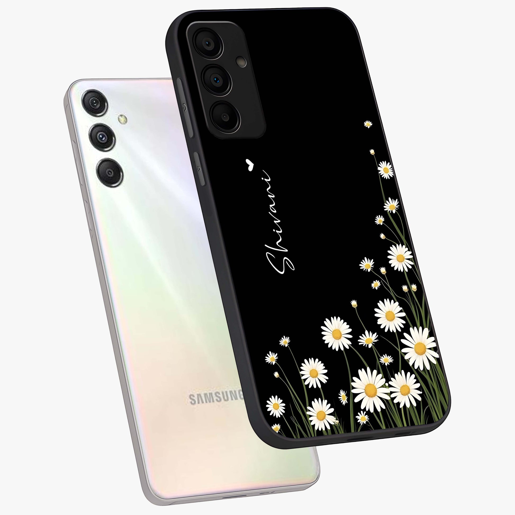 Daisy Cascade Custom Name Glass Case displayed in angled mockup highlighting delicate daisy artwork with custom name feature.