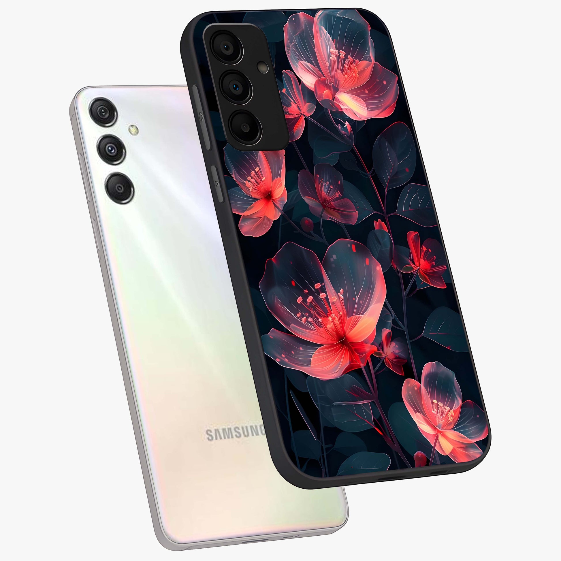 Dark Shade of Flower Glass Case displayed in angled mockup highlighting moody floral illustration with aesthetic dark tones.