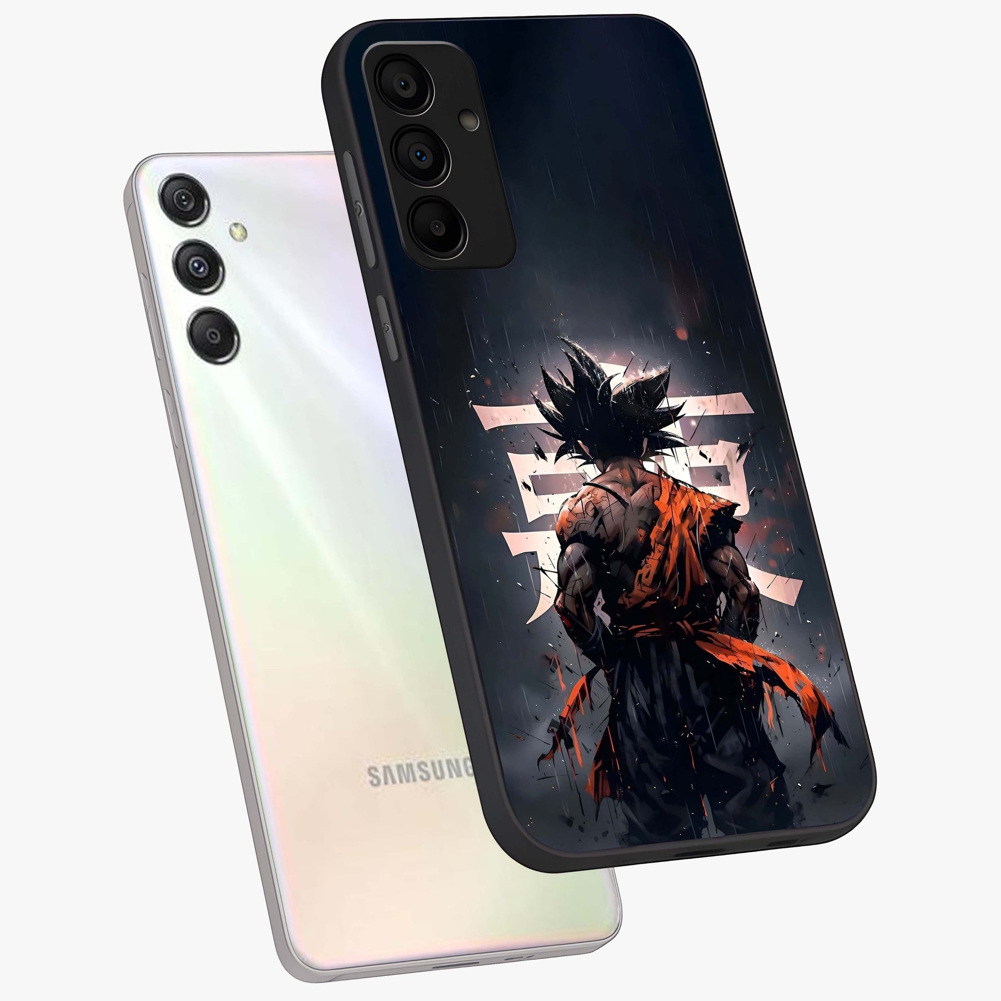 Dark Warrior In Rain Glass Case displayed in angled mockup highlighting dramatic warrior illustration with dark rain aesthetic.